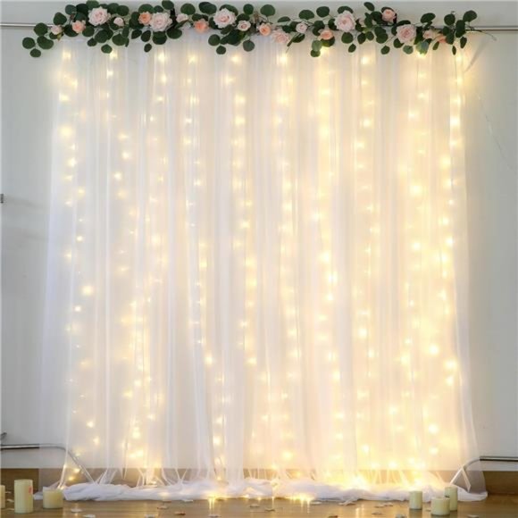 White Tulle BackdropCurtain with Lights String for Parites 10×8ft Sheer Backdrop - Picture 1 of 6